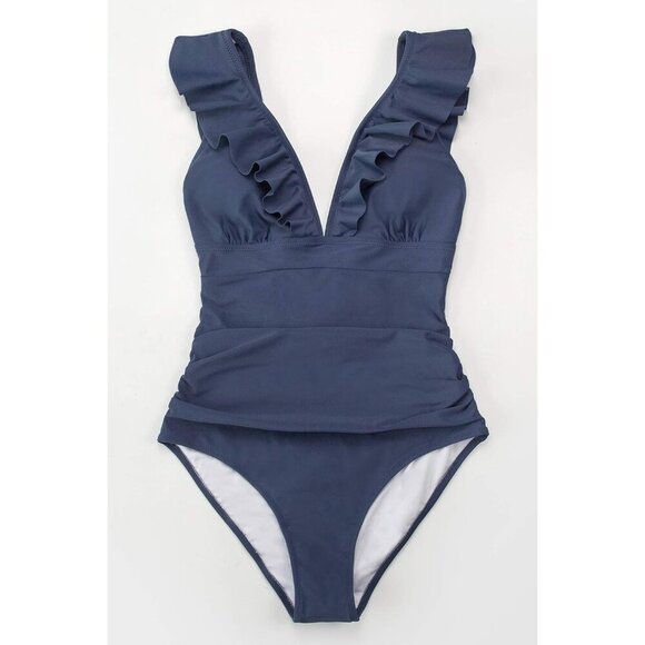 Women's Blue  Ruffled One Piece Swimsuit V Neck Lace Up - Picture 4 of 4
